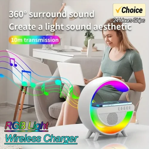 Multifunction Wireless Charger Stand, RGB Light, Bluetooth Speaker, Fast Charging for iPhone, Xiaomi, Samsung