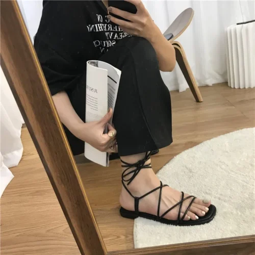 Women's Vintage Square Toe Flat Slippers - Narrow Cross Strap Thong Sandals, V Shape Design - Image 3