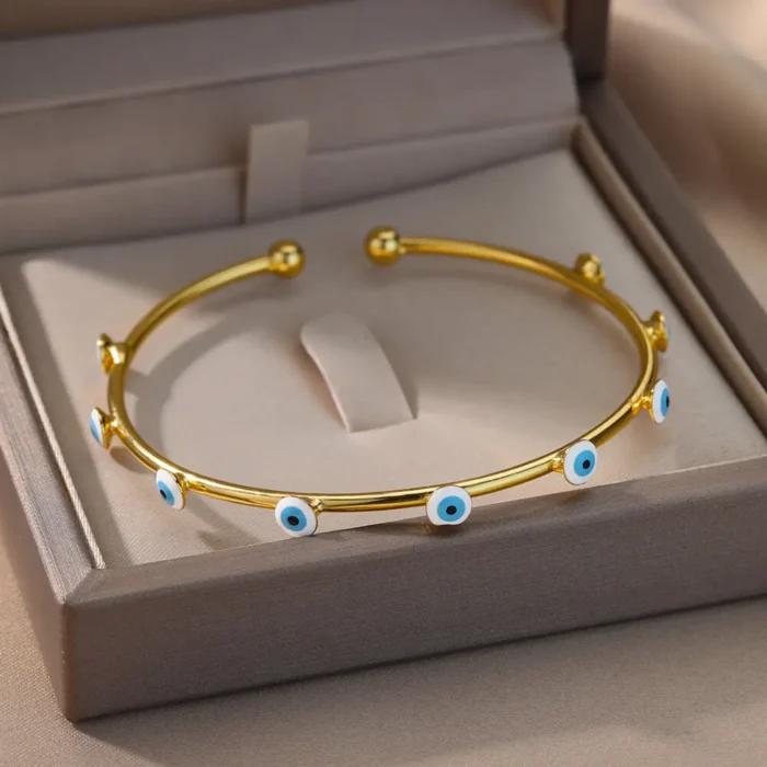 Stainless Steel Gold Plated Zircon Evil Eye Bracelet – Turkish Luxury Bangle for Women