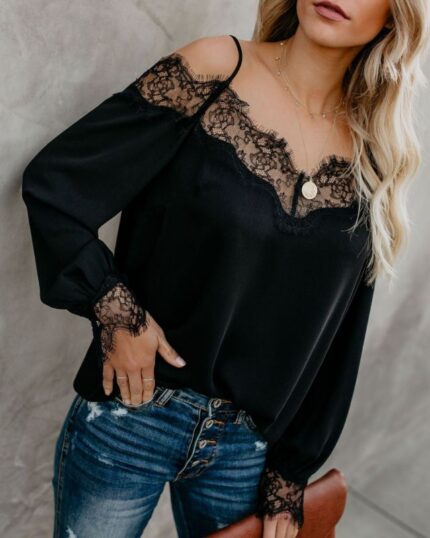Lace-Trimmed Chiffon V-Neck Long Sleeve Top – New Elegant Solid T-Shirt with Sexy Details