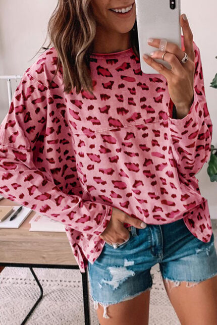 Pink Loose Long Sleeve Top with Animal Print Stitching