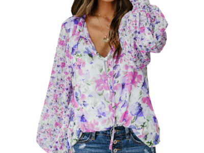 Loose Floral Pattern Fashion Lantern Sleeve Top