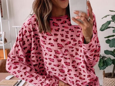 Pink Loose Long Sleeve Top with Animal Print Stitching