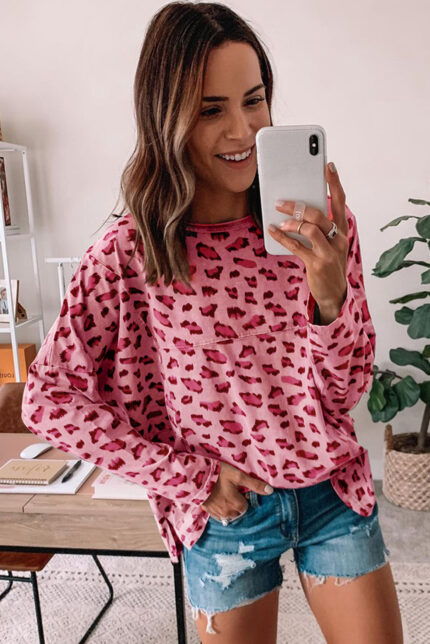 Pink Loose Long Sleeve Top with Animal Print Stitching