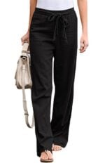 Women’s Elastic Waist Solid Color Belted Loose Trousers