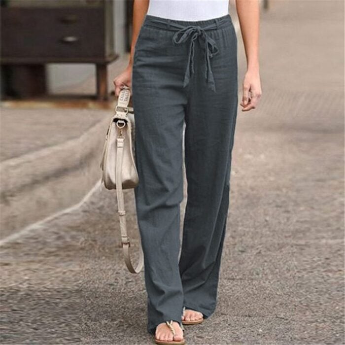 Women’s Elastic Waist Solid Color Belted Loose Trousers