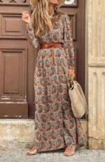 V-Neck Long-Sleeved Printed Long Dress