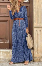 V-Neck Long-Sleeved Printed Long Dress