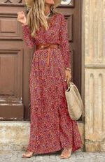 V-Neck Long-Sleeved Printed Long Dress