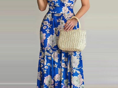 Halterneck Tie V-neck Floral Print Open-back Maxi Dress