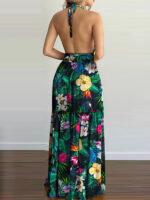 Halterneck Tie V-neck Floral Print Open-back Maxi Dress