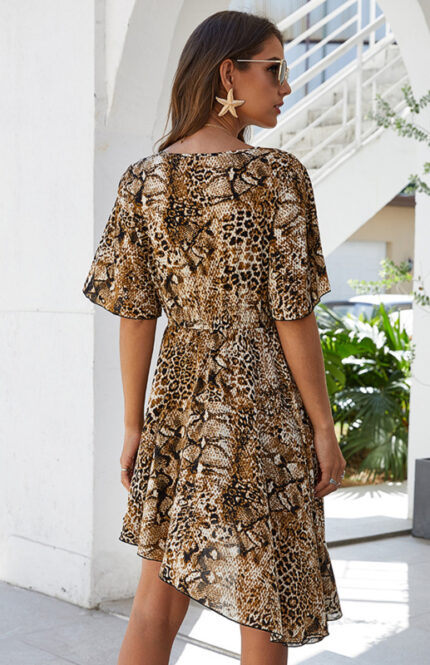 Spring New Irregular Leopard Print Dress V-Neck Skirt