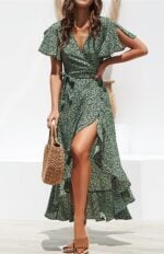 Sexy V-Neck Irregular High Waist Tie Chiffon Print Dress