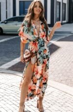 Orange Blossom Split Floral Kimono Maxi Dress