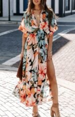 Orange Blossom Split Floral Kimono Maxi Dress