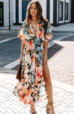 Orange Blossom Split Floral Kimono Maxi Dress