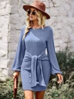 Waist-Slimming Long Sleeve Round Neck Dress