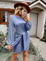 Waist-Slimming Long Sleeve Round Neck Dress