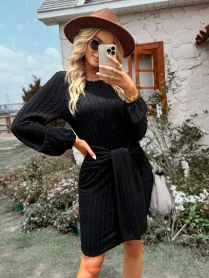 Waist-Slimming Long Sleeve Round Neck Dress