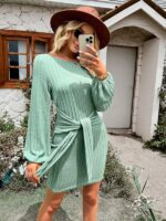 Waist-Slimming Long Sleeve Round Neck Dress