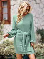 Waist-Slimming Long Sleeve Round Neck Dress