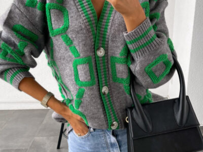 Contrast Single-Breasted Drop-Sleeve Sleeve Sweater Cardigan