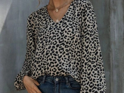 Puff Sleeve Leopard V-Neck Long-sleeved Top