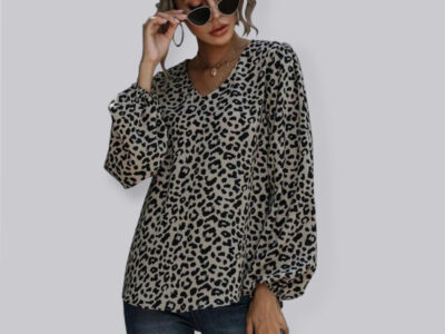 Puff Sleeve Leopard V-Neck Long-sleeved Top