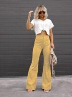 Solid Color High Waist Slim Flared Pants Corduroy High Waist Casual Pants