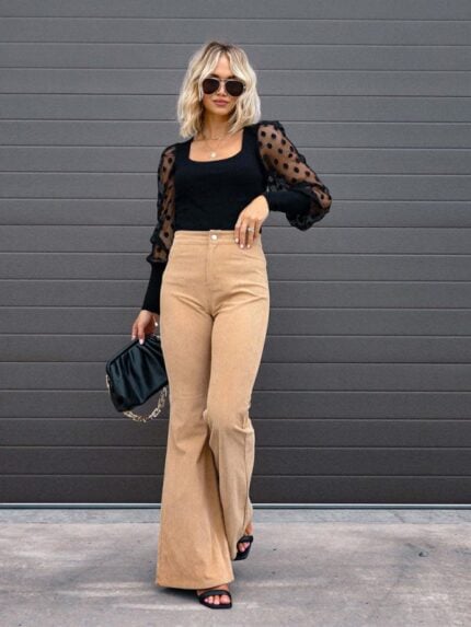 Solid Color High Waist Slim Flared Pants Corduroy High Waist Casual Pants