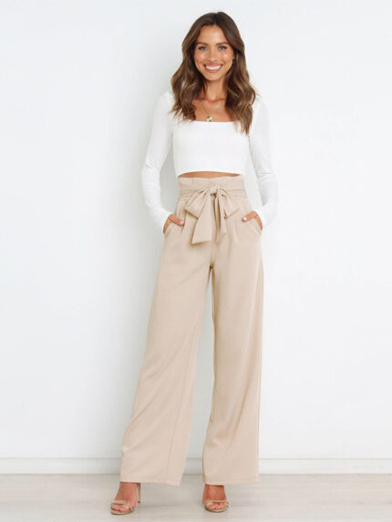 Solid Color Casual All-Matching Belted Wide-Leg Trousers