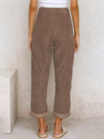 High Waist Lounge Pants – Solid Color Corduroy Loose Straight Leg Trousers