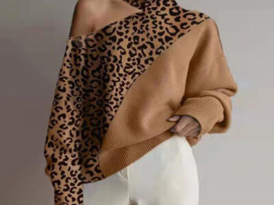 New Turtleneck Off-Shoulder Leopard Print Sweater | Women's Long-Sleeve Knitted Top