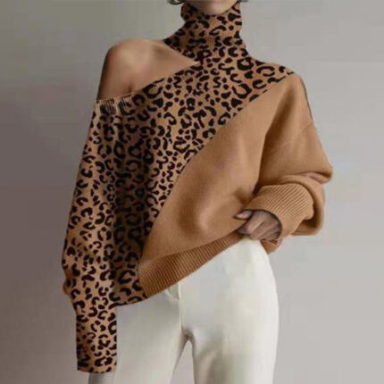 New Turtleneck Off-Shoulder Leopard Print Sweater | Women's Long-Sleeve Knitted Top