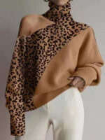 New Turtleneck Off-Shoulder Leopard Print Sweater | Women's Long-Sleeve Knitted Top