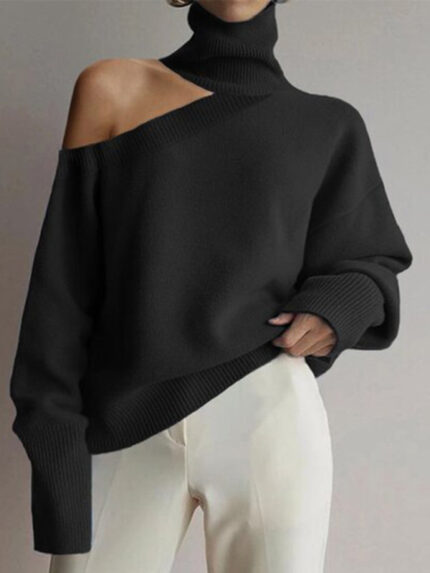 New Turtleneck Off-Shoulder Leopard Print Sweater | Women's Long-Sleeve Knitted Top