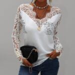 Printed Long Sleeve Shirt with Sexy Lace Trim for Women