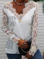 Printed Long Sleeve Shirt with Sexy Lace Trim for Women