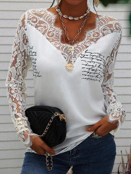 Printed Long Sleeve Shirt with Sexy Lace Trim for Women