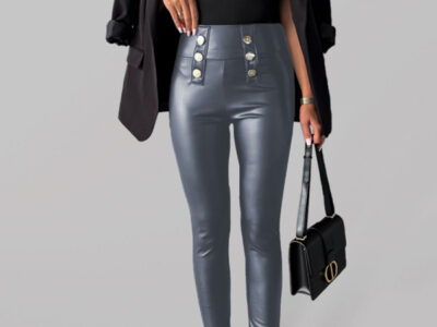 Chic Button-Down Skinny Leather Pants in a Solid Color for Casual Style