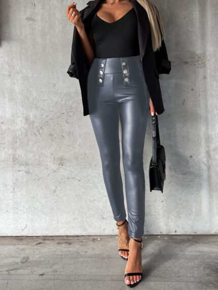 Chic Button-Down Skinny Leather Pants in a Solid Color for Casual Style