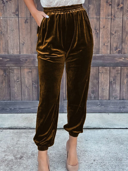 Women’s Solid Color Elastic Waist Casual Trousers