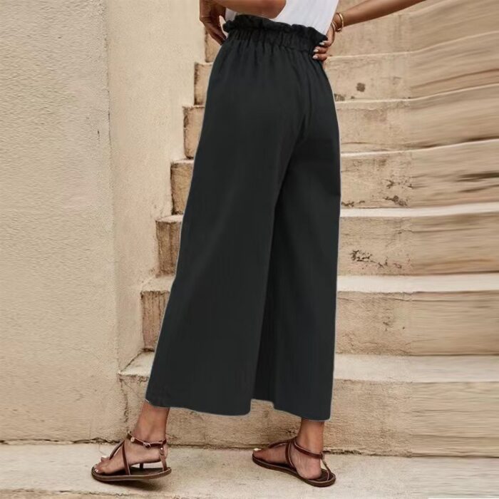 Solid Color Elastic Waist Casual Belted Wide Leg Pants
