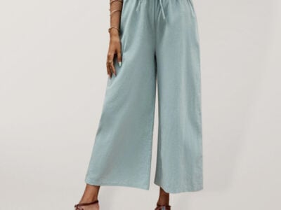 Solid Color Elastic Waist Casual Belted Wide Leg Pants