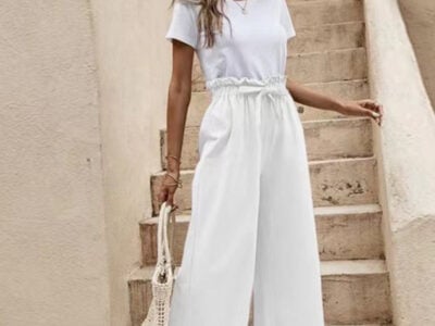 Solid Color Elastic Waist Casual Belted Wide Leg Pants