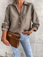 Chic Women's V-Neck Button Lapel Shirt - Simple Solid Color Pull-Sleeve Design