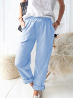 Style solid color casual elastic high waist straight trousers