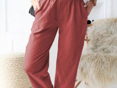 Style solid color casual elastic high waist straight trousers