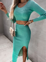 New Style Long-Sleeved Threaded Dress with Sexy Slit, Two-Piece Set