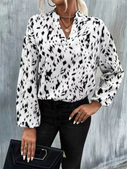 Full-Print Leopard V-Neck Long-Sleeved Blouse – Chic and Wild